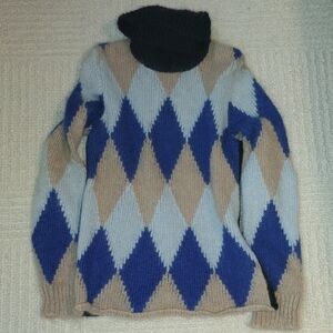 Tory Burch Blue and Tan Argyle Turtleneck Sweater
